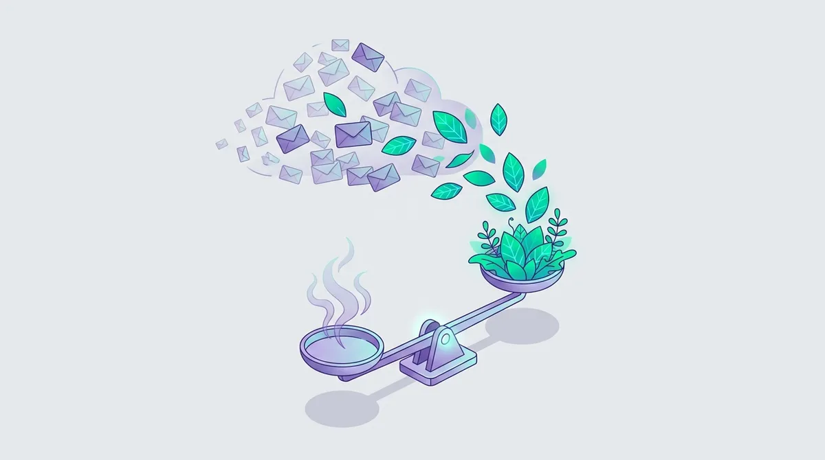 Ilustração de emissões de CO₂ evitadas ao remover e-mails inválidos, representadas em árvores, quilômetros de carro e recargas de smartphone